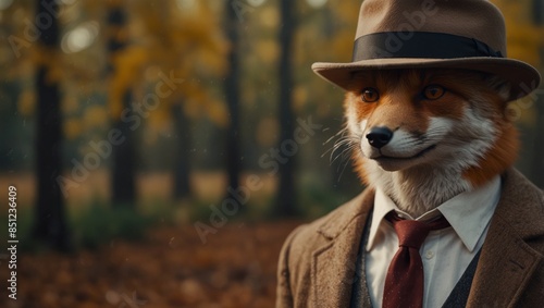 Dapper fox gentleman wearing vintage glasses and bowler hat on Autumn forest outdoor background with copy space.