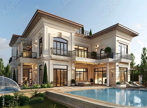 A luxurious mansion with a swimming pool and a beautiful garden