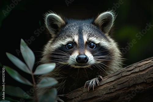 Charming portrait of a cute and expressive raccoon, capturing the animal's playful and mischievous nature