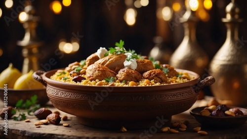A traditional Moroccan dish called Chicken Tajine featuring Saffron, Honey, Almonds, Dates, Couscous and Labneh.