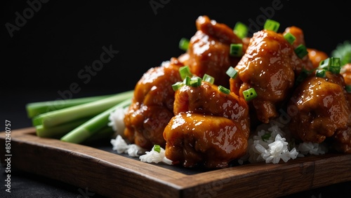 Asian Orange Chicken with Green Onions on wooden tray displayed on black background with copy space.