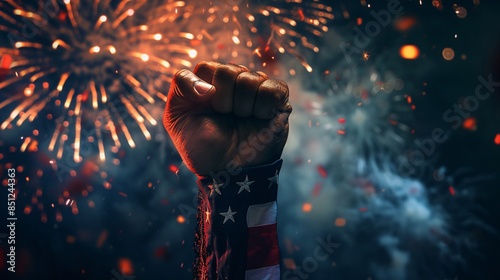 Powerful fist holds American flag amid bursting fireworks in night sky, evoking festive Independence Day celebration.