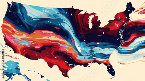 Artistic rendition of the USA map in bold colors and modern design, ideal for a poster backdrop to commemorate American independence.