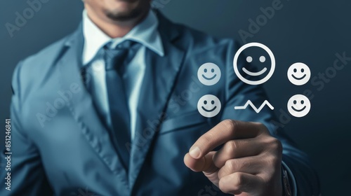 Satisfaction Rating Concept A businessman evaluating a product with smile face icons and percentage infographics to indicate satisfaction