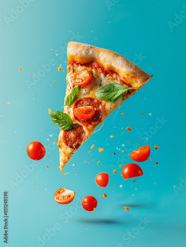 Delicious fresh pizza with cheese, tomatoes and basil. Pizza slice, tomatoes and basil leaves levitate. Blue background. Advertisement, banner. Italian cuisine, restaurant. 