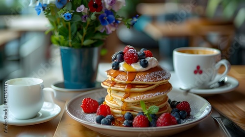 Pancakes with berries and maple syrup picture