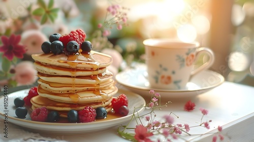 Pancakes with berries and maple syrup image