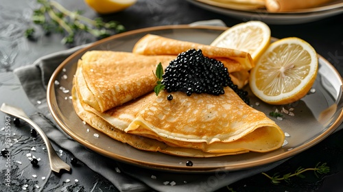 Pancakes with caviar on a plate image