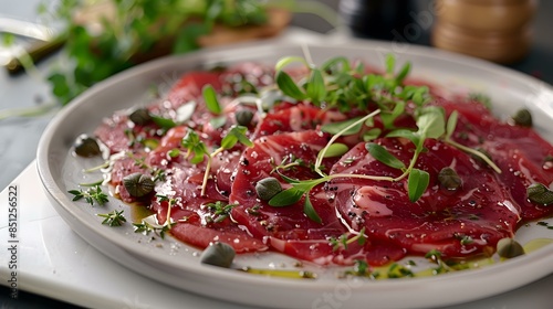 Beef carpaccio on a plate decorated picture