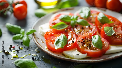 Mozzarella cheese with tomatoes on a plate image