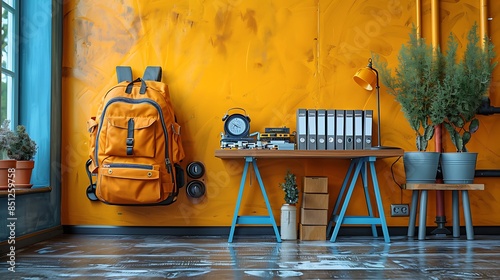 **A school desk with a robotics kit and a backpack on a bright yellow background