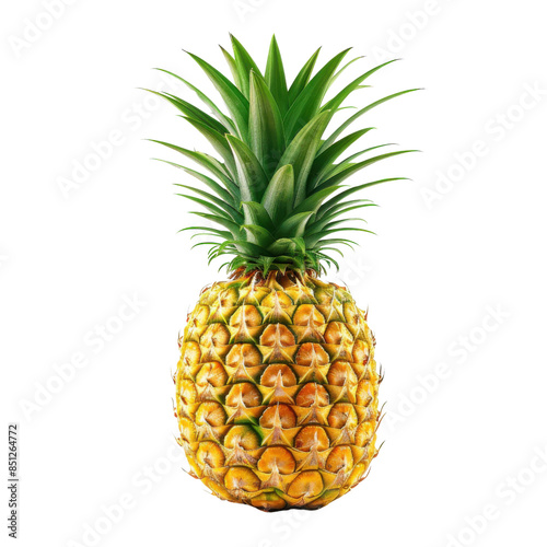 Close-up of a whole fresh pineapple with a green crown transparent background, PNG