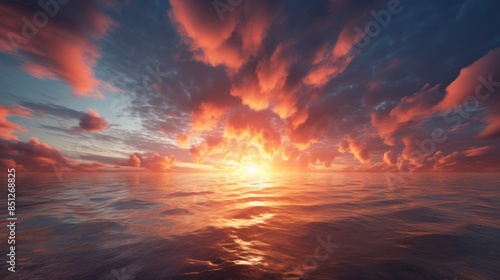 breathtaking sunset over the ocean, with the sun dipping below the horizon, leaving behind a trail of fiery streaks that illuminate the clouds and the water.