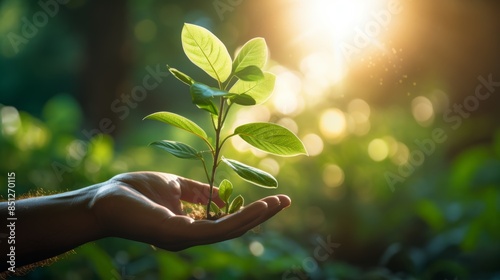 hand firmly grasping a sapling tree flourishing in a vibrant green landscape, kissed by the radiant light of the sun.