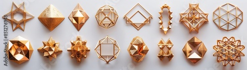 3D rendering of various geometric shapes in gold color on white background.