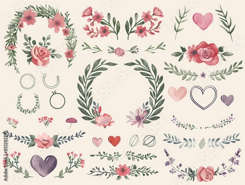 A set of watercolor floral elements. Pink and red roses, green leaves, branches, hearts and rings.