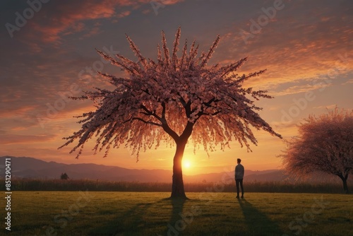 A man alone at sunset near a cherry tree