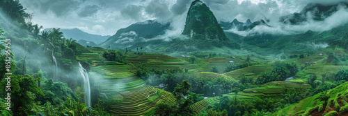 A picturesque landscape of green terraced rice fields nestled in the mountains, with mist rising from their paths and sunlight filtering through clouds above.