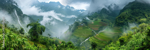 A picturesque landscape of green terraced rice fields nestled in the mountains, with mist rising from their paths and sunlight filtering through clouds above.