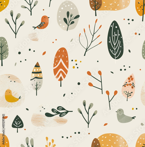 continuous nordic autumn winter textile pattern for kids, organic, earthy tones, minimal, negative space, nature inspired, dreamy, on cream background