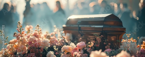 A coffin at a funeral with flowers and people in the background standing around it, at a funeral service. Funeral arrangements. Funeral services