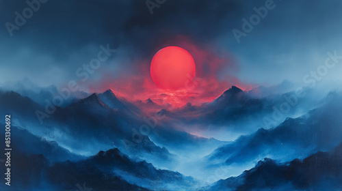 a heavy painting style of a red sun hanging low on the horizon, casting a warm glow over a serene blue mountain range. The vibrant red sun contrasts beautifully against the calming blue tones of the m