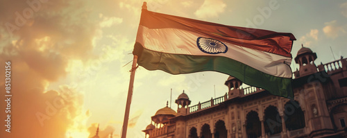 Indian flag waving in the wind with an ancient building in the background and a beautiful sunset sky