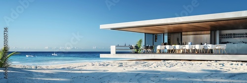 A sleek, modern snack shack on a pristine, sand beach, 