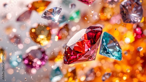 diamonds, rubies, emeralds, topaz, aquamarines flying on white background