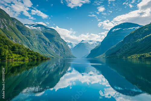 Stunning view of the Norwegian fjords, clear blue sky, lake with mountain reflections, early morning, peaceful atmosphere, beautiful nature photography. The lake reflection was in the style of Ansel A