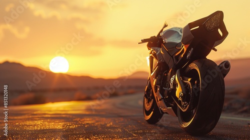 A motorcycle parking on the road right side and sunset, select focusing background
