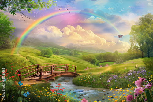 Natural landscape with bridge and rainbow