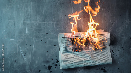 Newspaper ablaze with flame, symbolizing propaganda and fake news. Powerful visual concept. Ai Generated