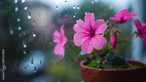 Pink flowers in a pot on a window sill.