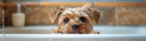 Adorable small dog peeking from a bathtub with wet fur, capturing a cute and playful moment during a bath in a cozy bathroom.