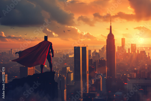 Photo of a superhero city with caped figures in the skyline