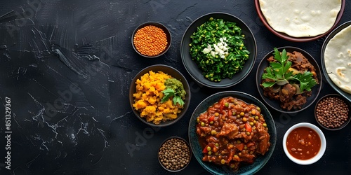 Topdown shot of Ethiopian injera with stews lentils and copy space. Concept Food Photography, Ethiopian Cuisine, Top-Down Shot, Injera Bread, Lentil Stew, Copy Space