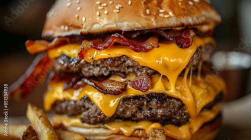 Close-up of a greasy double cheeseburger with melted cheese, crispy bacon, and a side of fries, highlighting indulgent fast food