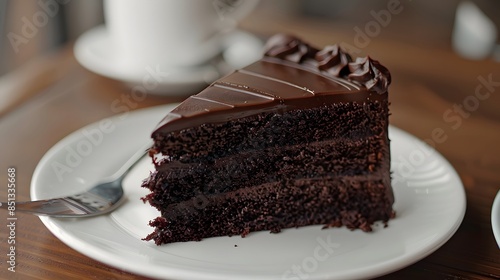 A slice of rich, chocolate cake with layers of frosting, highlighting its indulgent and calorie-laden nature