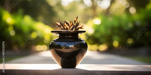 Urn of ashes at cemetery for funeral arrangements and services. Concept Funeral Arrangements, Cemetery Services, Memorial Urn, Ashes, Funeral Decorations