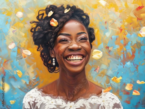 Laughing african american bride with flower petals on wedding day