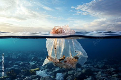 Plastic bag floating in the water. Concept of environmental pollution. Generative Ai