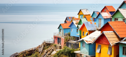 Colorful houses on the cliff in the seaside town, panoramic layout. Generative Ai