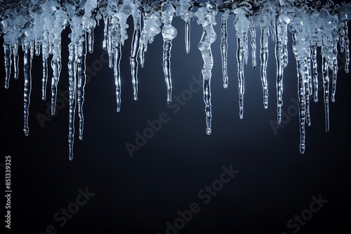 Elegant Frame with Winter Icicles on Dark Background.