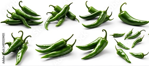 Set of green chili chilies pepper fruit vegetable, many angles view side top front group slice cut on white background cutout . Mockup template for artwork graphic design 