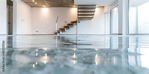 Detailed shot of upgraded basement floor waterproofing with staircase in background. Concept Basement Flooring, Waterproofing, Upgraded Interiors, Detailed Shots, Staircase Design