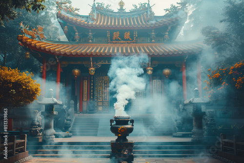 Photo of a temple with smoke from incense filling the air