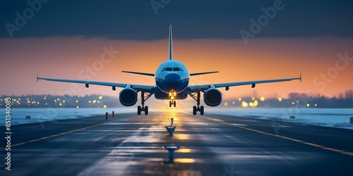 A commercial airplane is landing on a snowy runway at dusk. Concept Airplane, Landing, Snow, Runway, Dusk