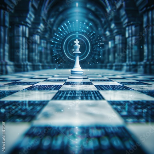 Futuristic chessboard with queen piece surrounded by digital patterns in sci-fi setting. Concept of strategy, technology, and innovation.