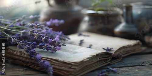 An old witch book with empty pages lavender flowers and witchcraft objects. Concept Witchcraft, Old Books, Lavender, Prop Styling, Photography Ideas